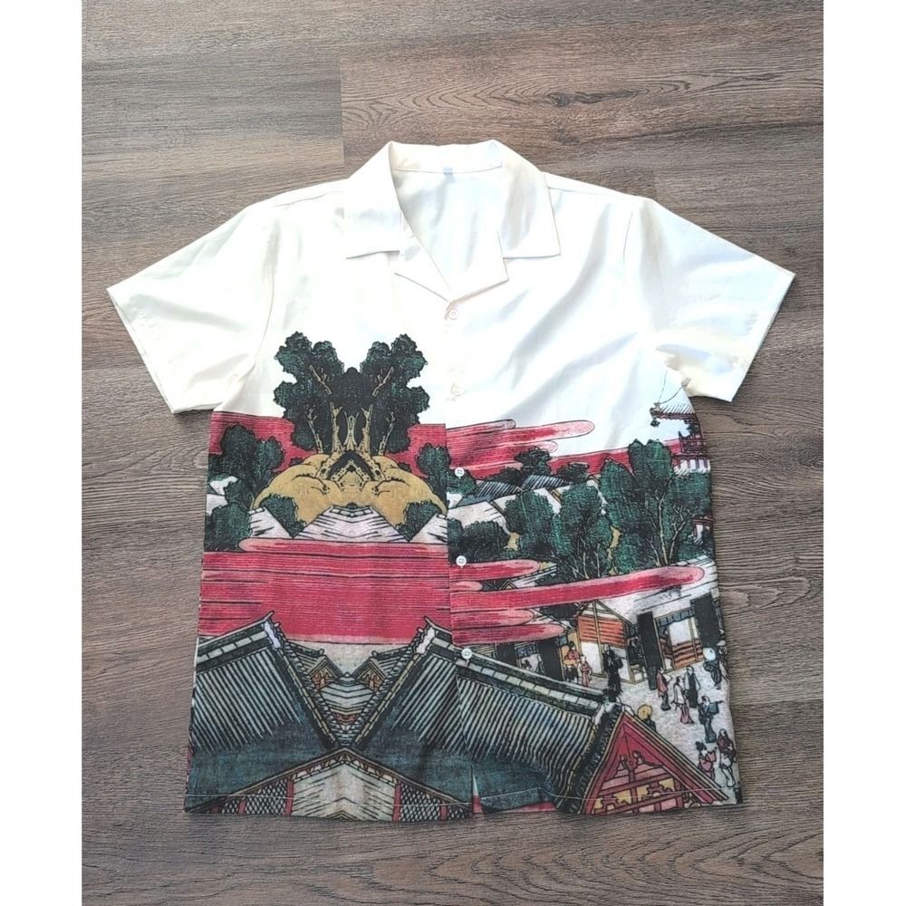 Graphic Button Down Shein Shirt Men's XL  Tropical Thailand Tribal Resort Poly